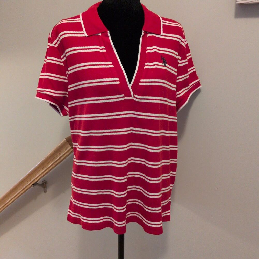 U.S. Polo Assn. Women’s Red & White Striped Short Sleeve V-Neck Polo Top XXL